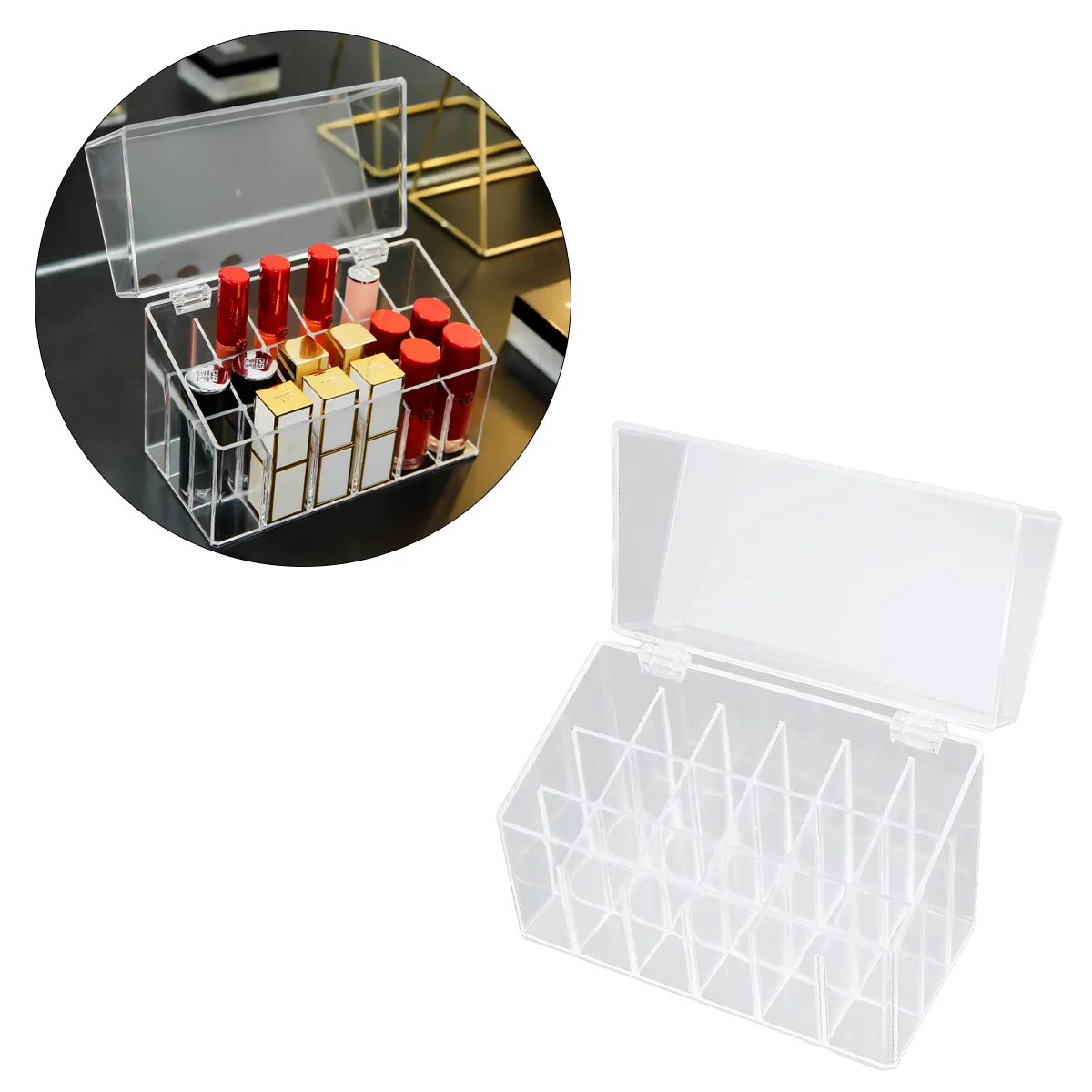 

1Pcs Lipstick Storage Box Transparent Plastic Flip Lid 18 Slots Organizer Makeup Display Holder Dustproof for Counter