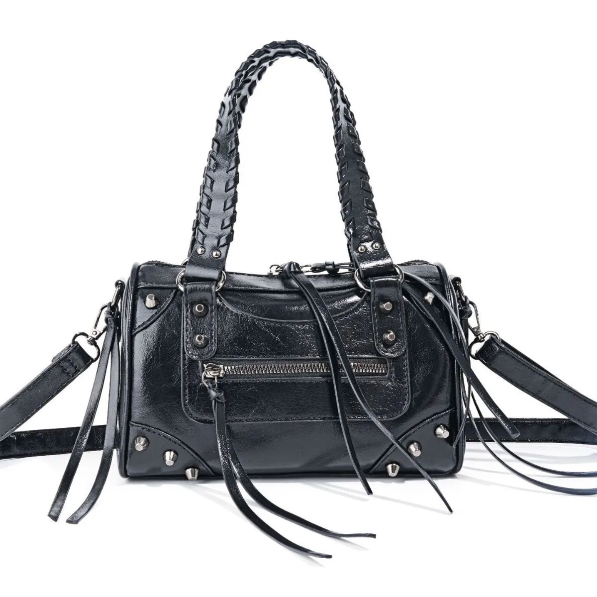 

Винтажная сумка-бочонок из лакированной кожи для женщин, сумка-боулинг с заклепками в стиле Y2K, крутая мотоциклетная сумка, роскошная дизайнерская сумка через плечо с кисточками