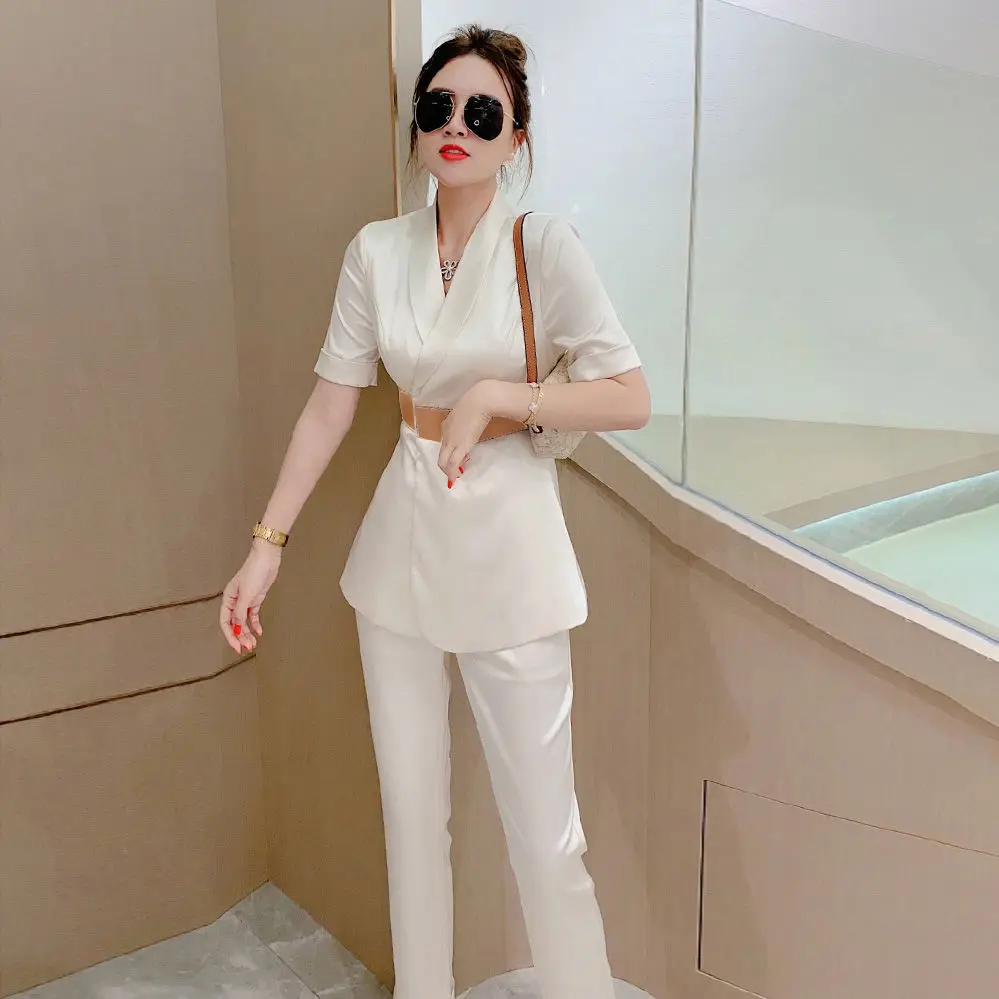 Women's Spring Retro Casual Short-sleeved Satin Blazer Wide-leg Pants Sets French Commuter Waist Blazer Trousers Two-piece Sets