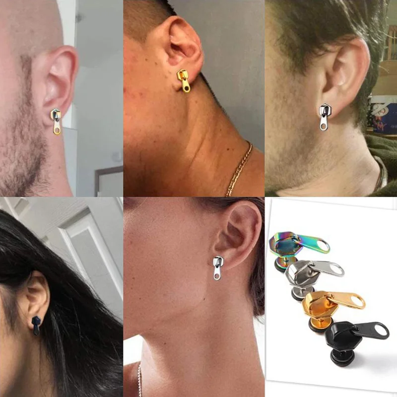 Dos pendientes traseros con cremallera de acero inoxidable quirúrgico Punk Rock para hombres y mujeres, adecuados para el uso diario de joyas para