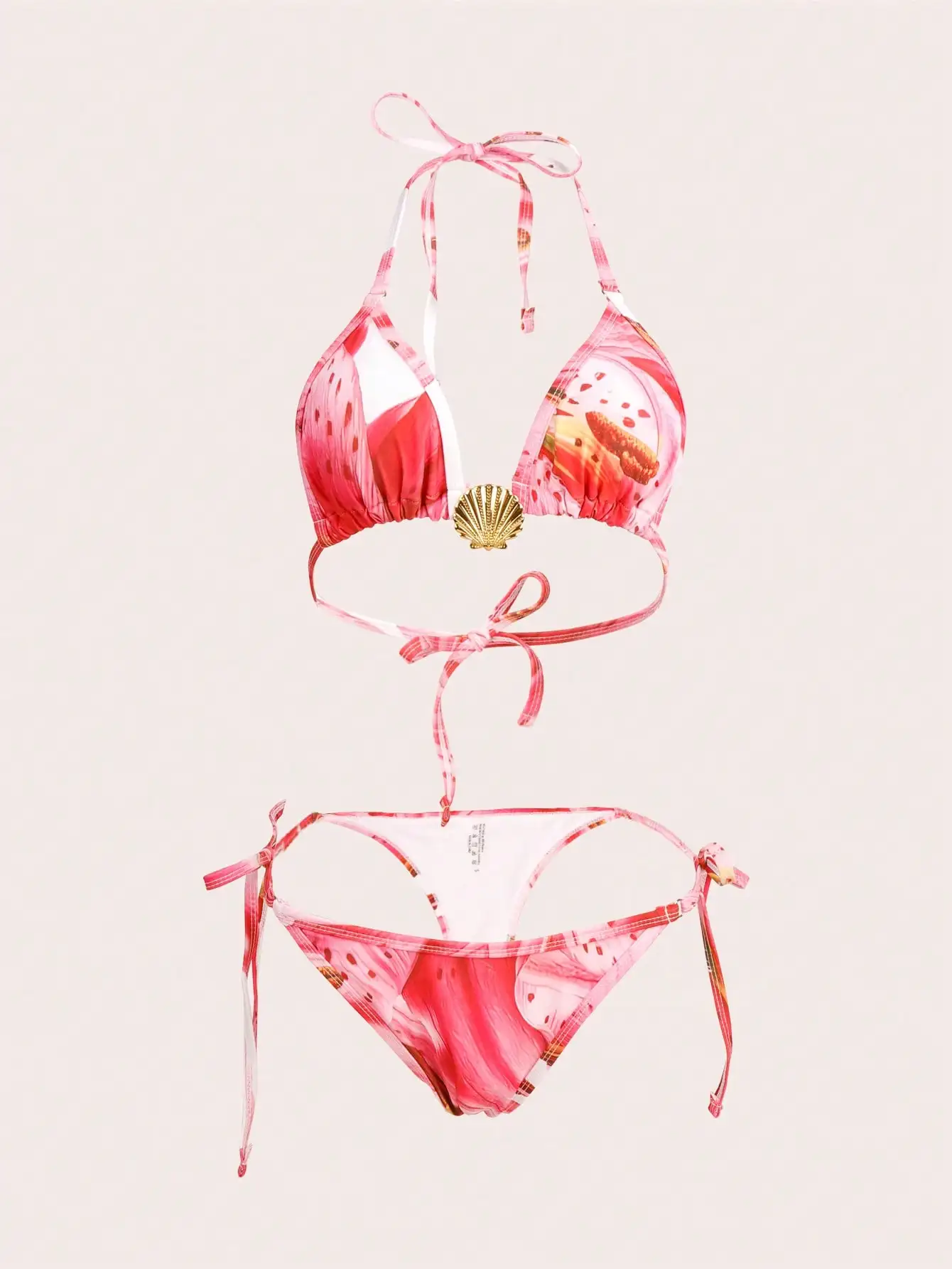 Women's 3pcs Bikini Set – Pink Floral Triangle Top, Bottom & Skirt With Shell Metal Decor, Summer Beachwear