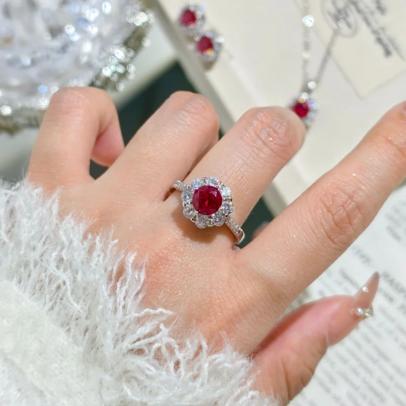 

1 Carat Niche Luxury Red Corundum Fluorescent Light Color-Changing Pendant Necklace for Women Open Ring Earrings Three-Pie