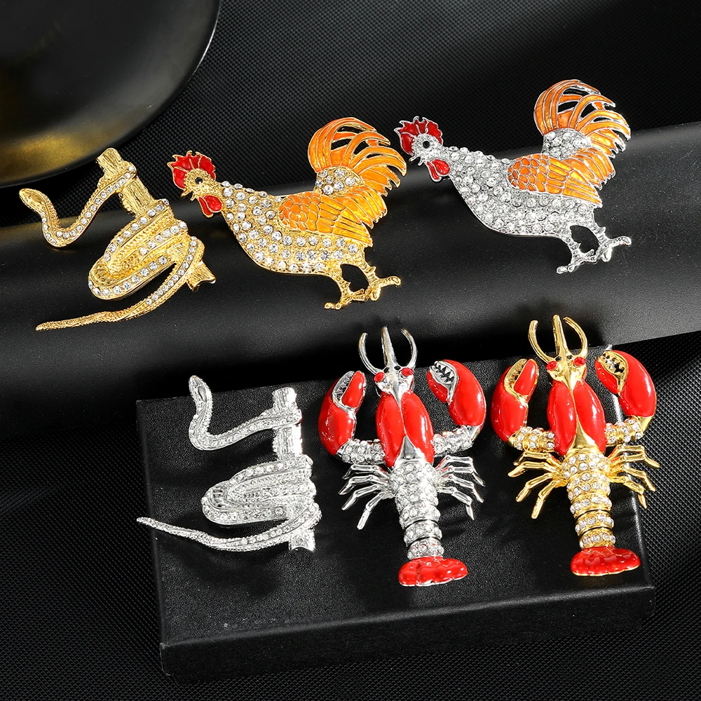 Pretty Full Crystal Paved Cock Large Lapel Pins Statement Big Lobster Snake Shaped Rhinestone Big Brooches Freeshipping