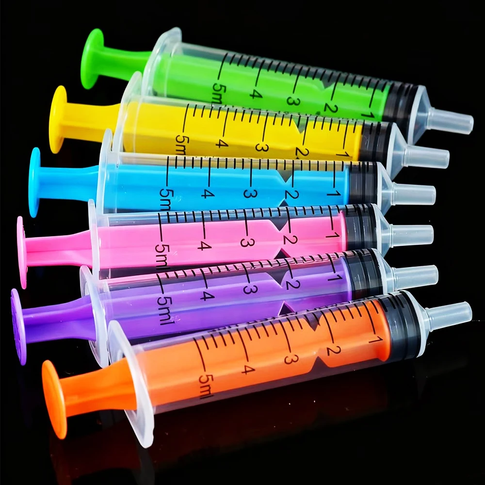6/5Pcs 5ml Colored Syringes, Used for Glue, Liquid Dispensing and Measurement, Pet Feeding, Bird Feeding, Ink Pen Refills, Etc., in Yellow, Blue, Purple, Green, Orange
