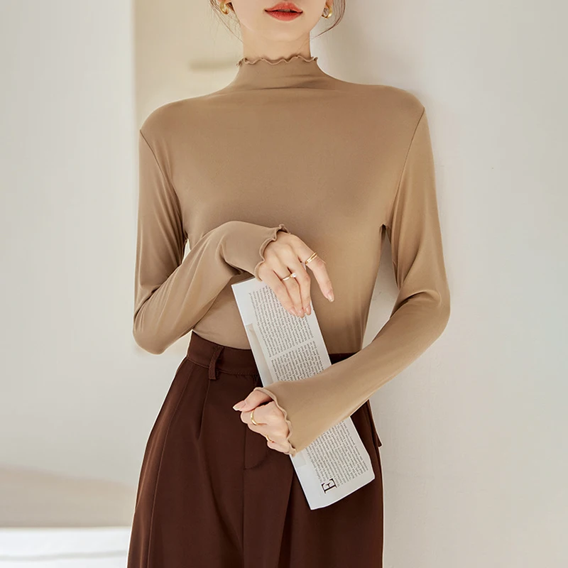 

Women Temperament Half-High Collar Pullover Tees Fashion Fungus Edges Slim Bottoming Shirts Stretch Tight Long Sleeve T-Shirts