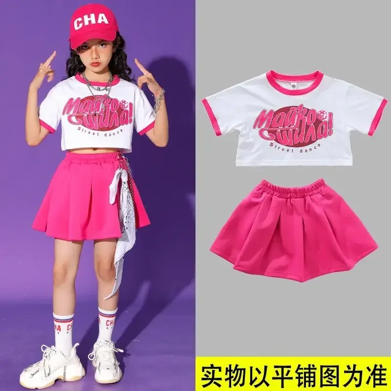 Girls Hip Hop Pink Crop Top Rose Plaid Skirts Boys T-shirt Street Dance Shorts Child Sweet Summer Clothes Sets Kids Jazz Costume