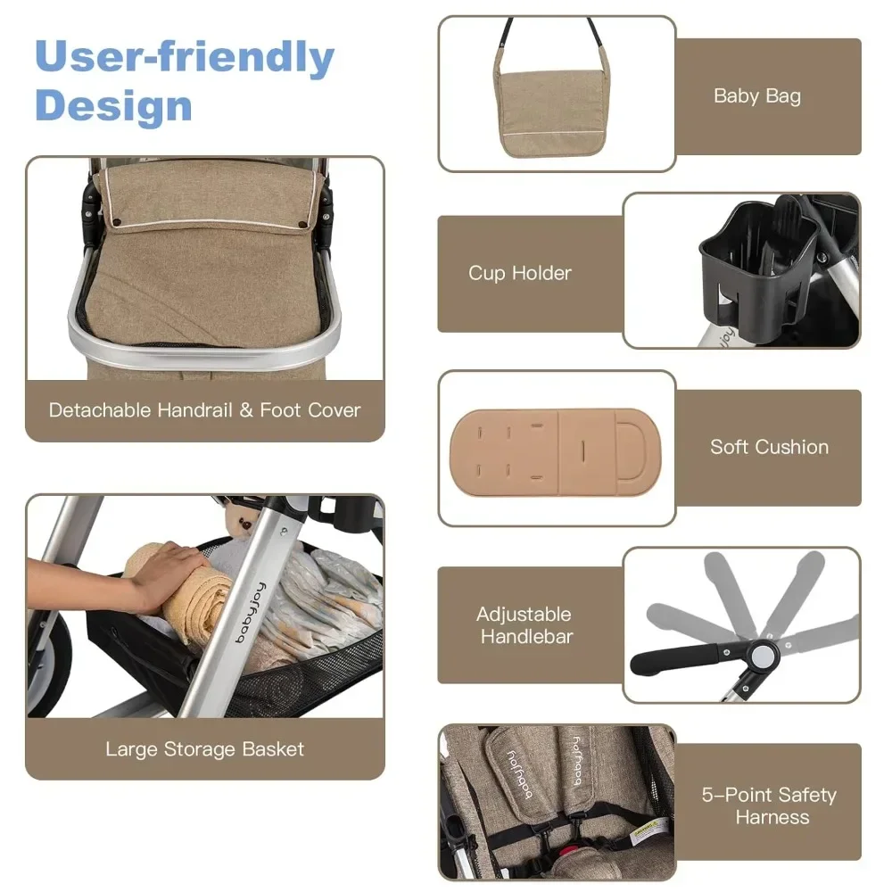 

Baby Stroller, 2-in-1 Convertible Bassinet Reclining Stroller, Foldable Pram Carriage with 5-Point Harness, Including Cup Holde