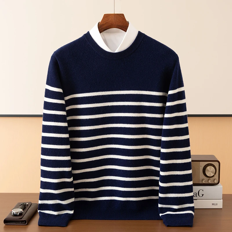 Autumn And Winter Cashmere Round Neck Men's Striped Sweater Loose Warm Pure Wool Plus Size Casual Knitting Bottoming Shirt
