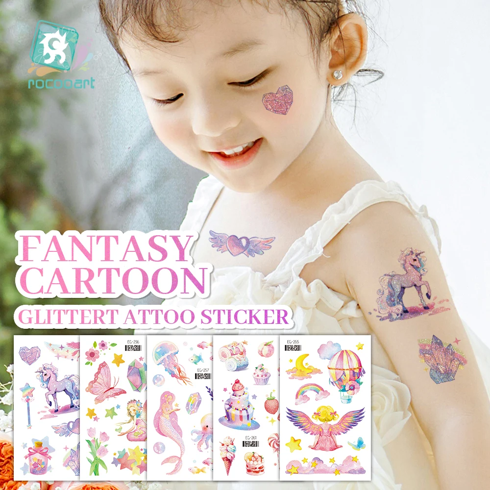 Glitter Cartoon Kids Sticker Mermaid Unicorn Ice cream Dessert Cute Animals Temporary Waterproof Tattoo Sticker For Girls