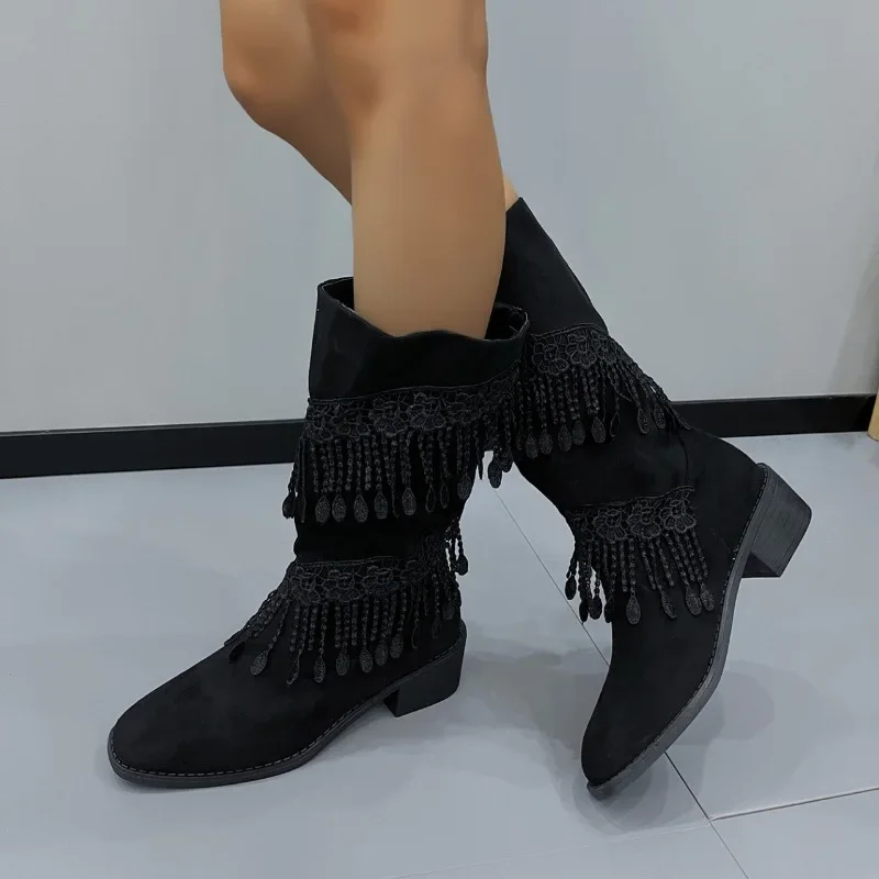 2023 Brand Shoes for Women Slip-on Women's Boots Fashion Fringe Office and Career Hot Sale Square Heel Mid-Calf Shoes Female