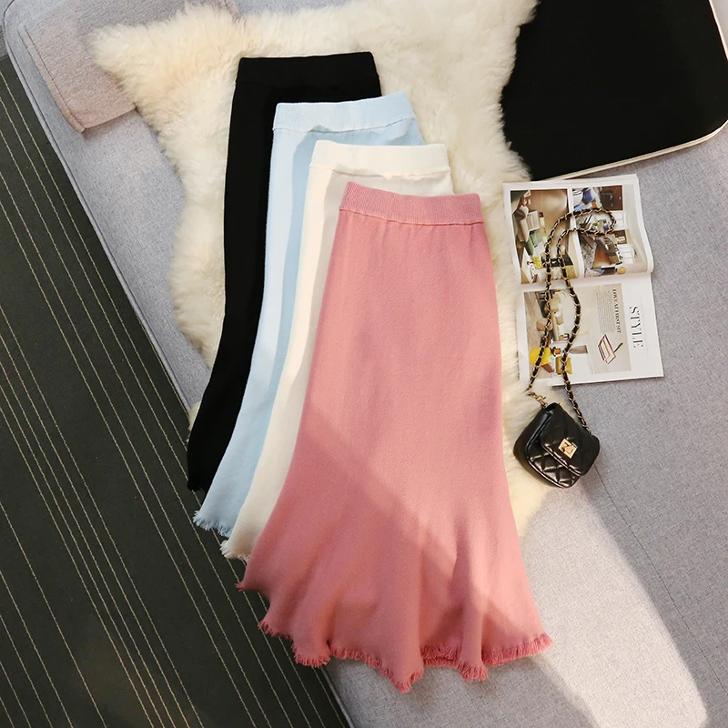 

Women Chic Knit Tassels Full Skirt High Waist Elegant Korean Fashion Hip Wrap Trumpet Skirtt Sweet Autumn Clothing