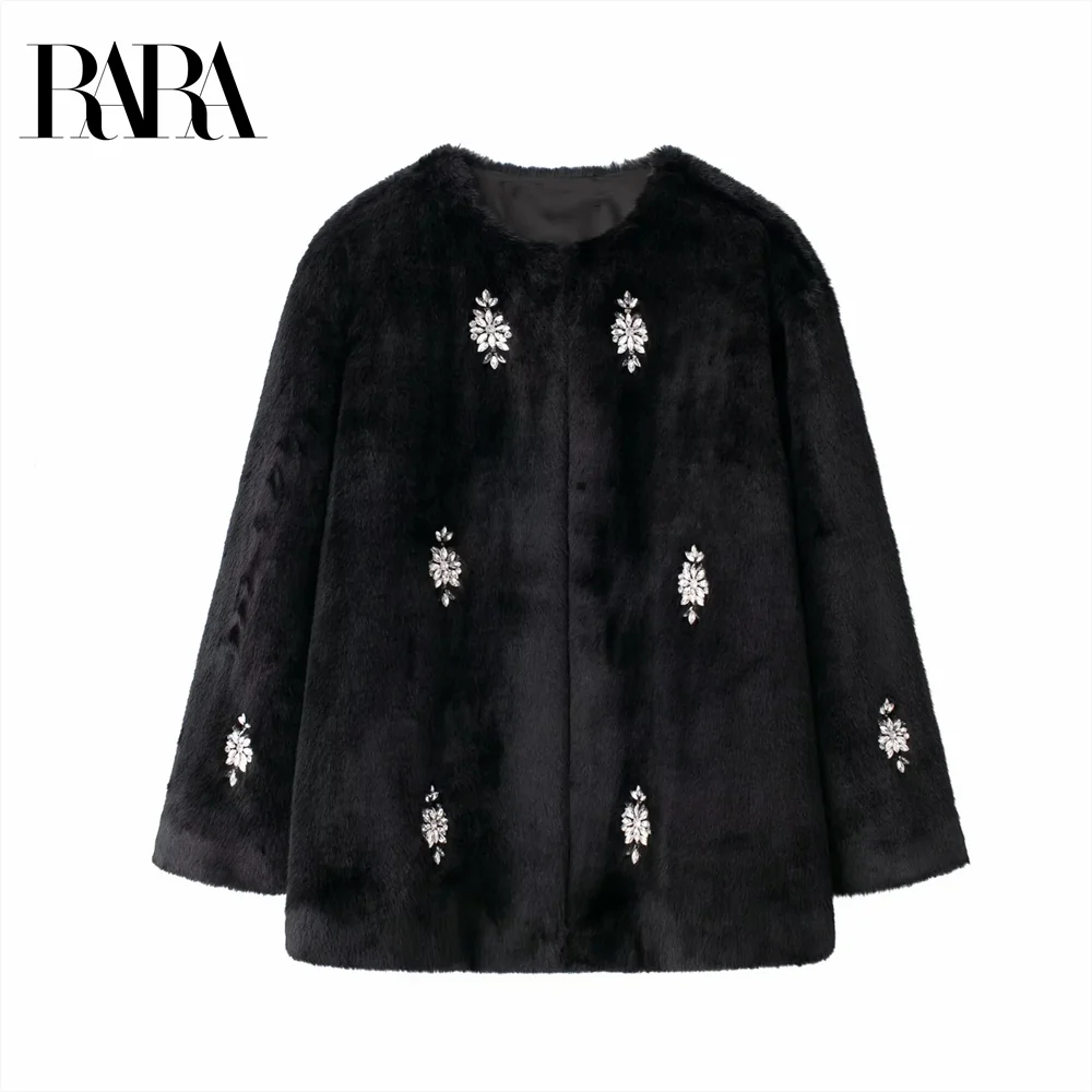 2024 RARA jewelry string decorated plush coat autumn and winter women's long-sleeved round neck thick coat