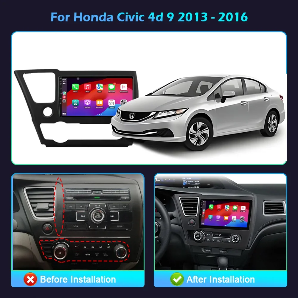 أندرويد 14 راديو السيارة مشغل وسائط متعددة اللمس 2K QLED شاشة لهوندا سيفيك 4d 9 2013 - 2016 اللاسلكية BT CarPlay