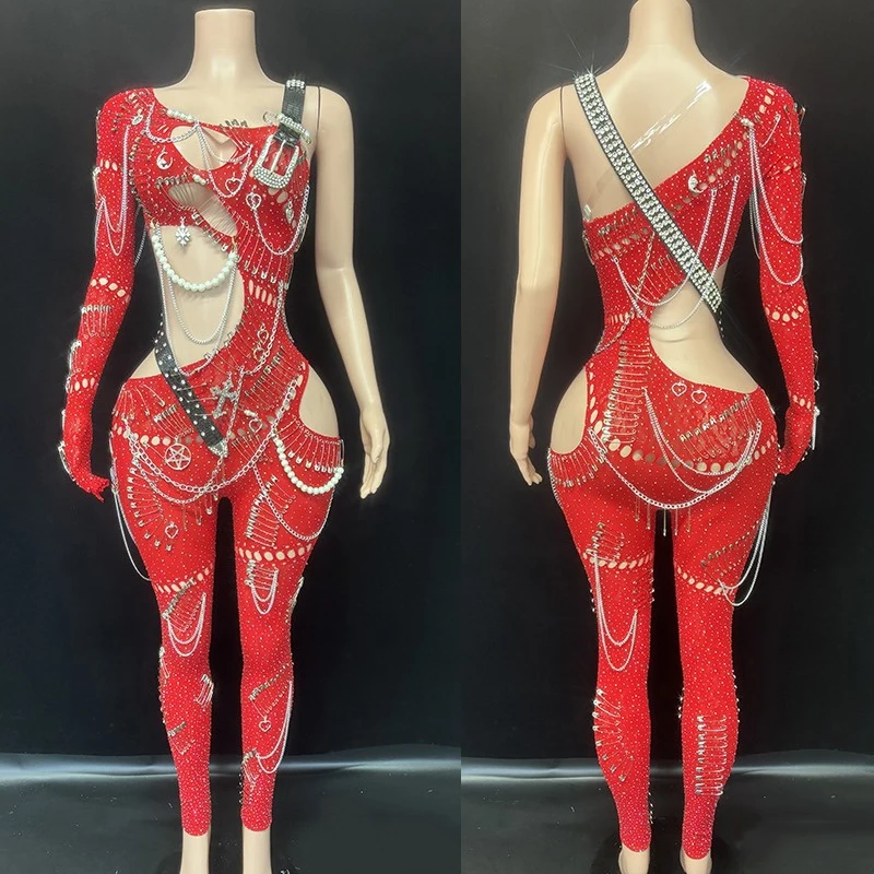 Sexy Cutout One-Sleeve Rhinestones Jumpsuit Gogo Dancer Costume Women Pole Dance Outfit Dj Ds Bar Stage Drag Queen Wear XS9119