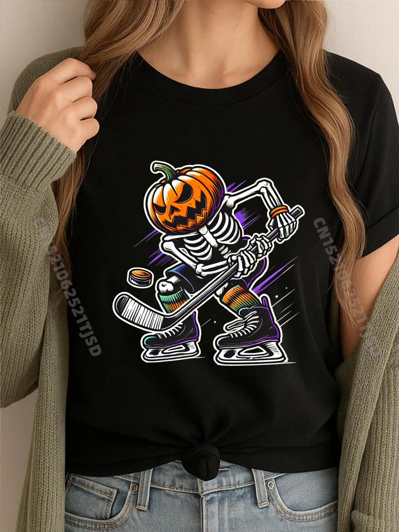 

Забавный скелет, хоккей с шайбой, Хэллоуин, тыква, хоккей, женская футболка с изображением графика, женские и мужские футболки, топы, футболка с мытым принтом