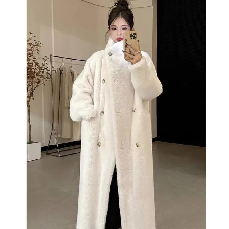 Faux Mink Fur Coat for Women, Double Breasted Jackets,Turn-down Collar Overcoat, Female Clothes, Winter,New