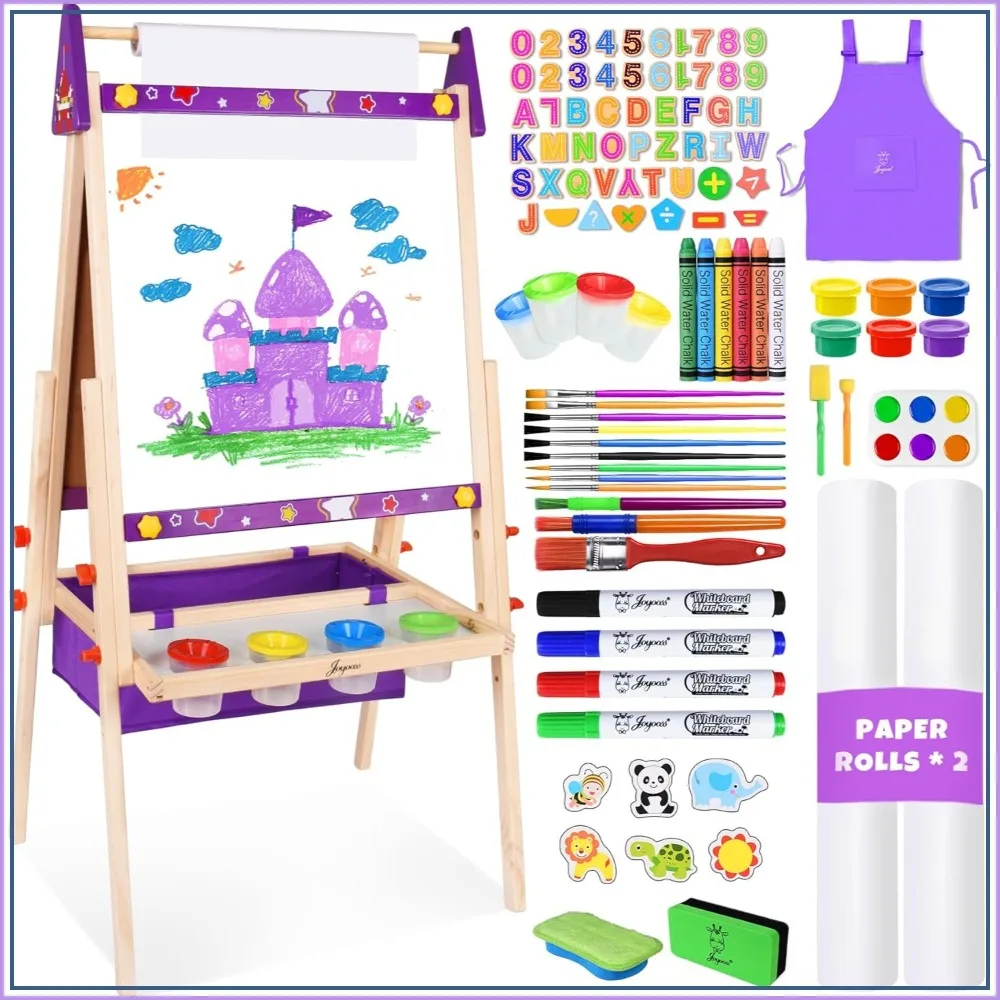 

Adjustable Standing Wooden Easel for Kids, Whiteboard & Chalk Board, Drawing Easel for Ages 2-12