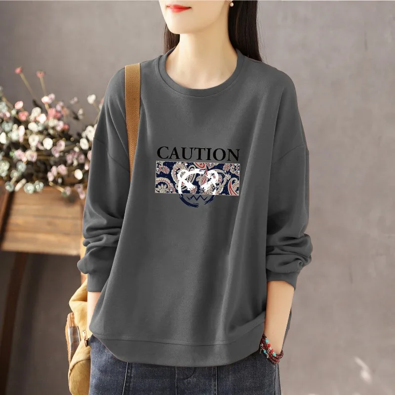 Office Lady Women\'s Clothing Round Neck Autumn Winter Pullover Lantern Long Sleeve Letter Geometric Printing Casual Loose Tops