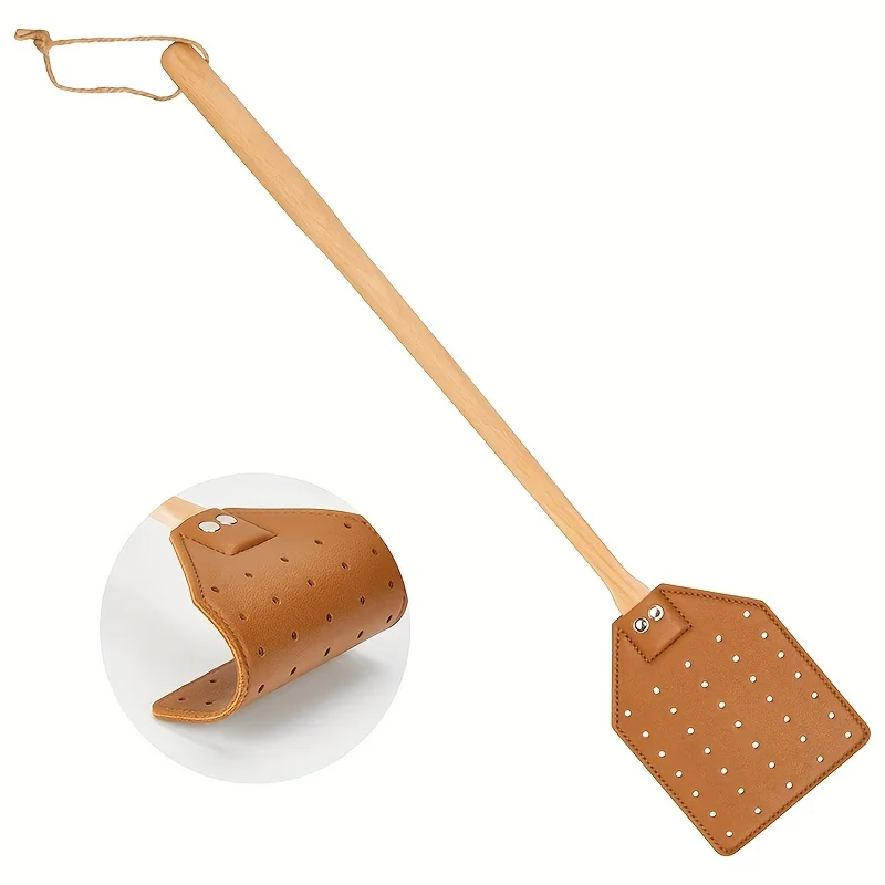 A Sturdy Fly Swatter, Made of Brown Leather and Equipped with a Beech Long Handle, Suitable for Both Indoor and Outdoor Use