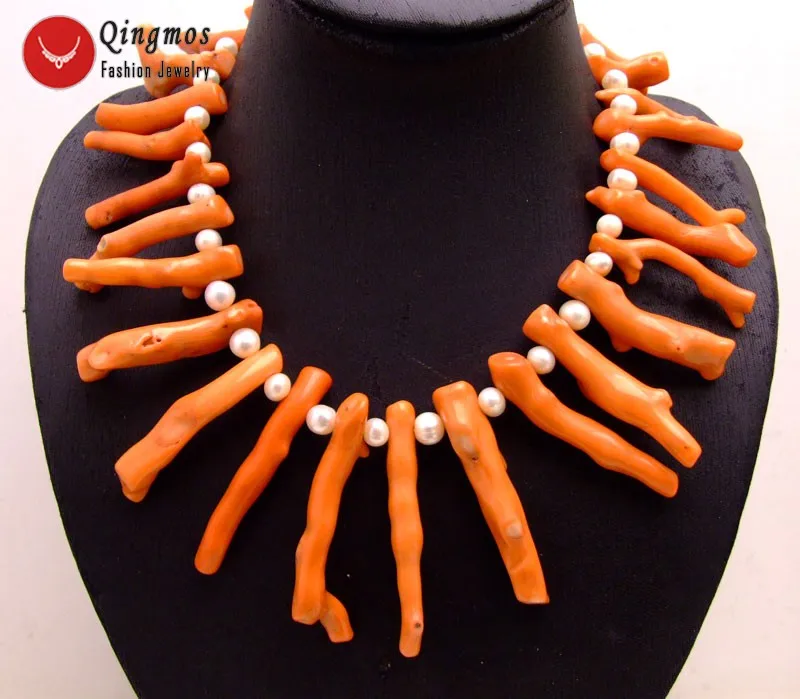 Qingmos  30-50mm Branch Natural Orange Coral Pendant Necklace for Women with 7-8mm Natural White Pearl Necklace Jewelry 18