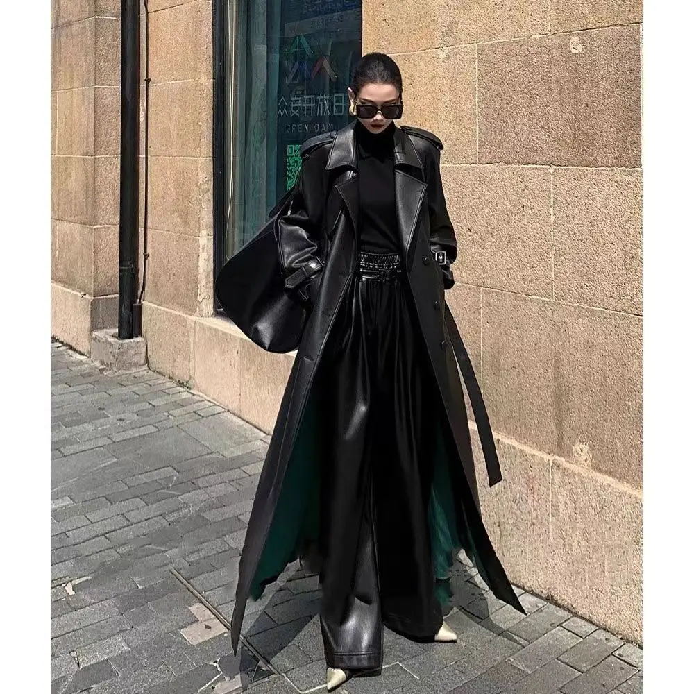 Dames PU-leren jas Reversriem Double-Breasted Luxe Hoge kwaliteit Lente Herfst Lange oversized zwarte leren trenchcoat