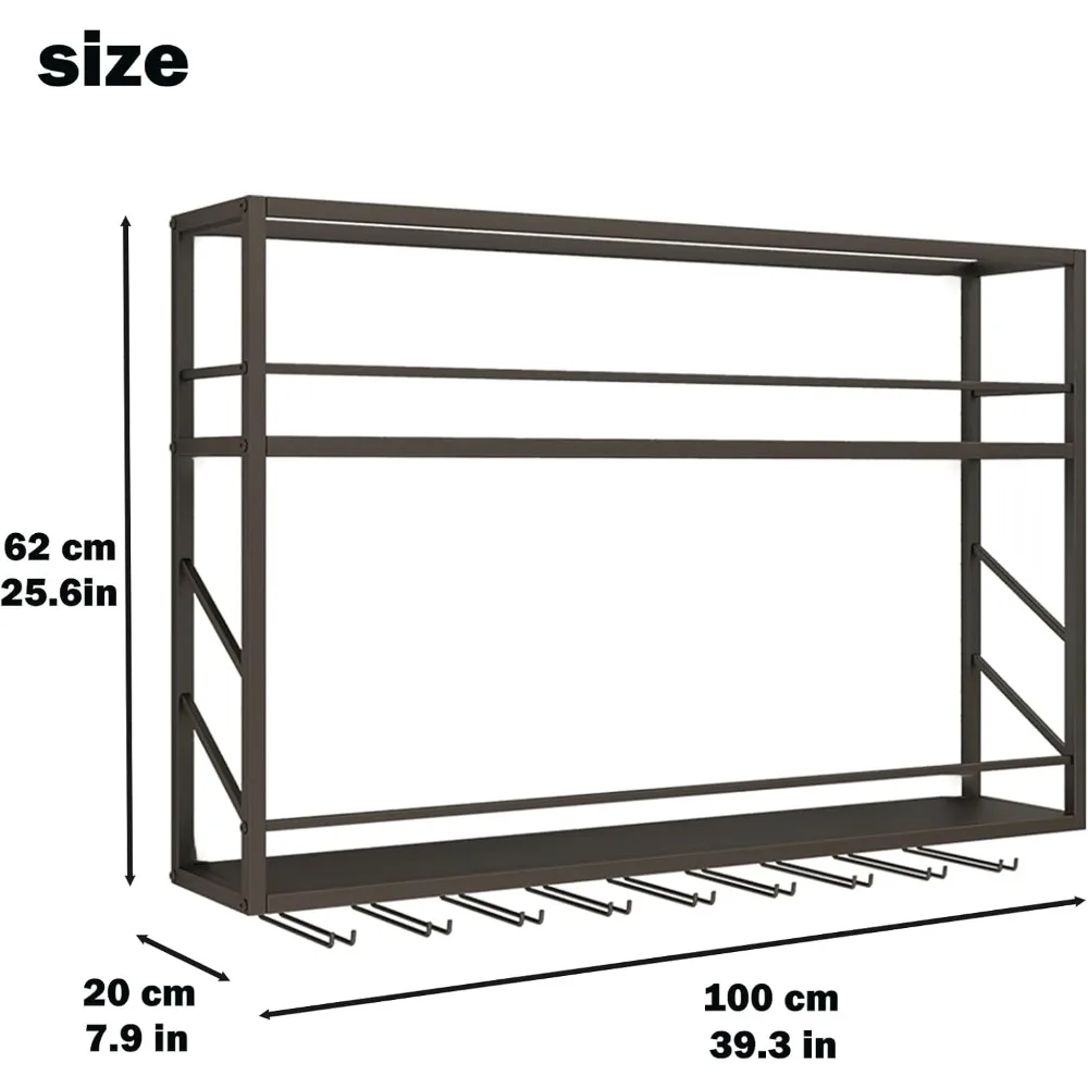 Wall Mounted Wine Rack 2 Tier, Metal Bar Liquor Shelves and Glass Holder,Wall Bar Shelf Wine Display Storage Holder