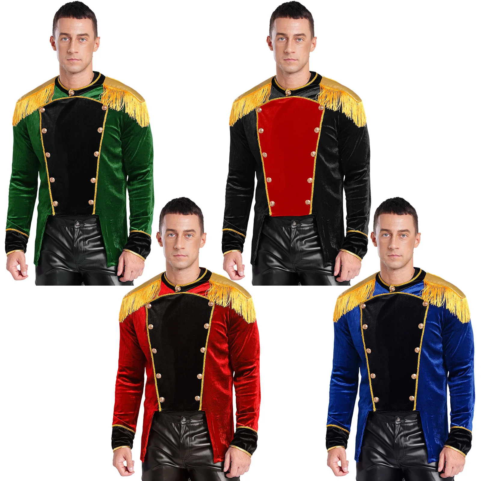 Adult Men Circus Ringmaster Costume Halloween Circus Cosplay Costume Golden Fringe Epaulet Velvet Coat Holiday Performance Tops