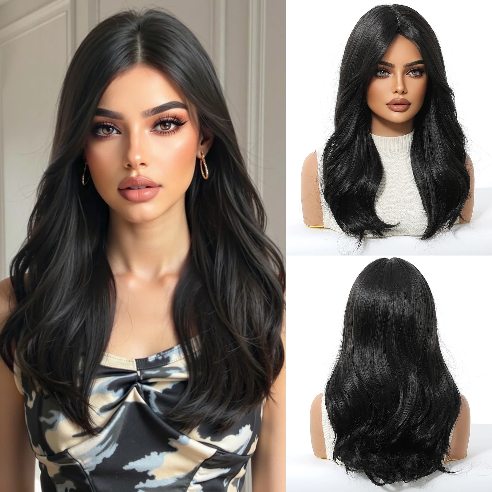 

Натуральные черные парики средней длины, свободные волнистые парики, средняя часть, синтетические накладные волосы, термостойкие для женщин, повседневный косплей, Лолита