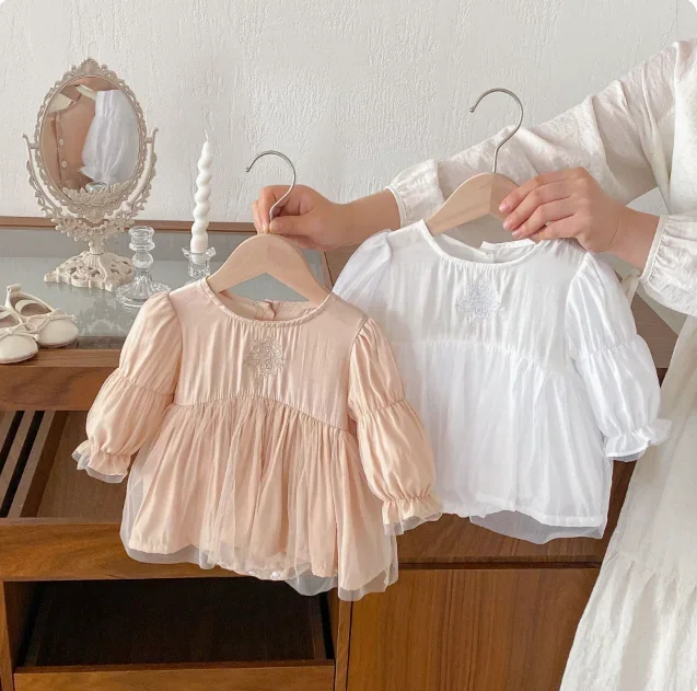 

New Infant Girls Long Bubble sleeves Dot Mesh clothes, Newborn Princess Kids Cute Party Birthday Dress 0-2T