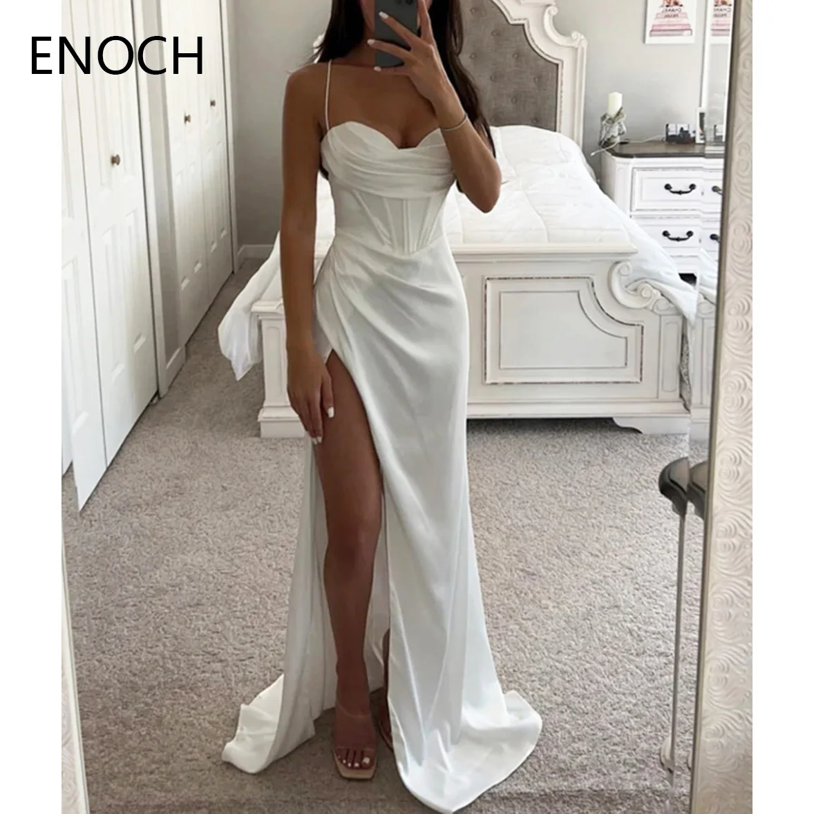 ENOCH Sexy Side Slit Sereia Vestido de Noite Novo Spaghetti Straps Querida Backless Satin Party Prom Vestidos Formais فساتين الحفلات