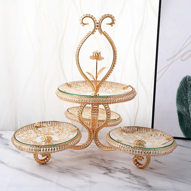 New fashion light luxury bright gold tempered glass multi-layer European fruit plate home living room hotel creative fruit plate
