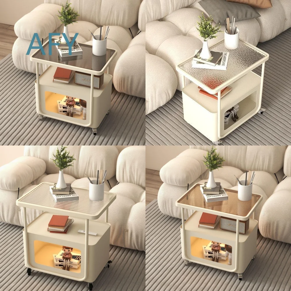 Creamy Style Mobile Side Table for Sofa Living Room Small Rolling Cart for Snacks Modern Minimalist Accent Shelf Bedside