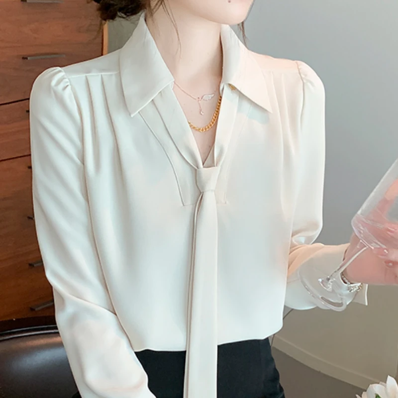 Dropshipping Office Ladies Tops Chiffon Blouses for Women Clothing Fashion Elegant Bow Females Long Sleeves Shirts Solid Spliced