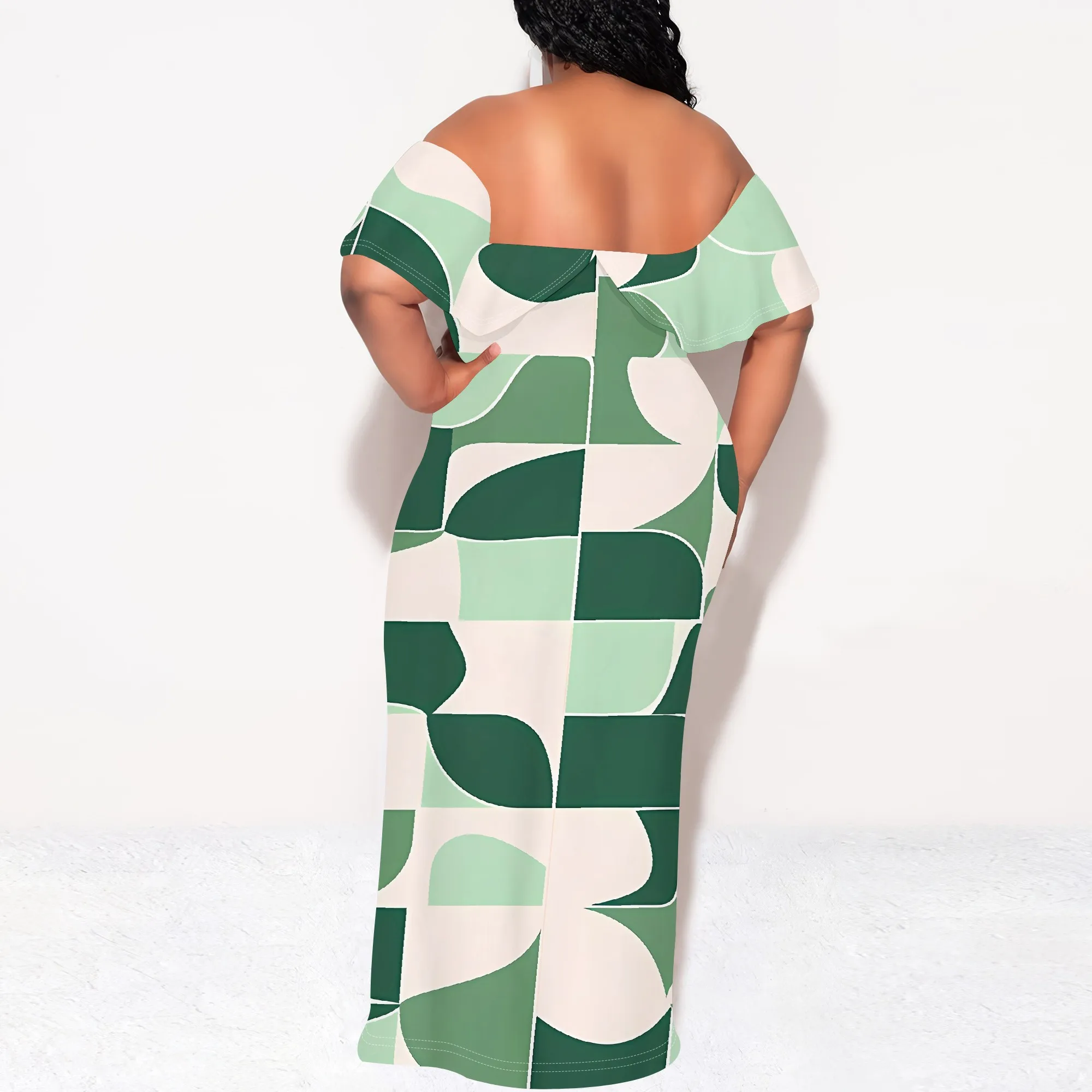 Womens Sexy Casual Dresses Colorful Geometric Off-Shoulder Ruffle Maxi Dress Party Evening Resortwear Swing Neck Dress