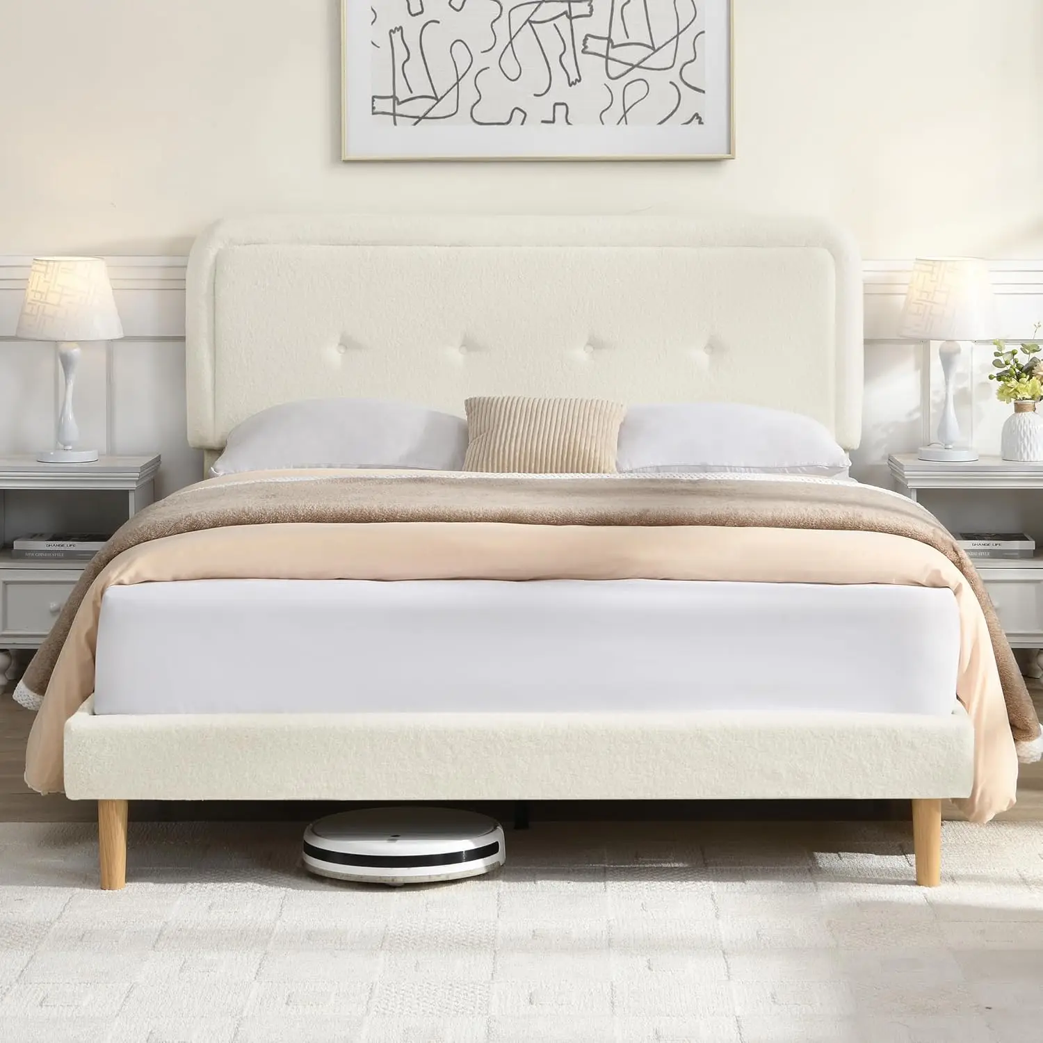 Queen Size Cloud Bed Frame With Adjustable Headboard, Beige, Customized
