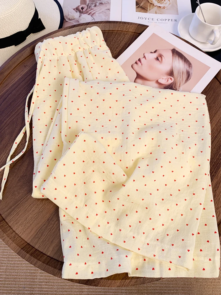 Zoki-pantalones de pierna ancha con estampado de dulce amor para mujer, pantalón informal, holgado, de cintura alta, moda coreana, con cordones, elegantes, novedad