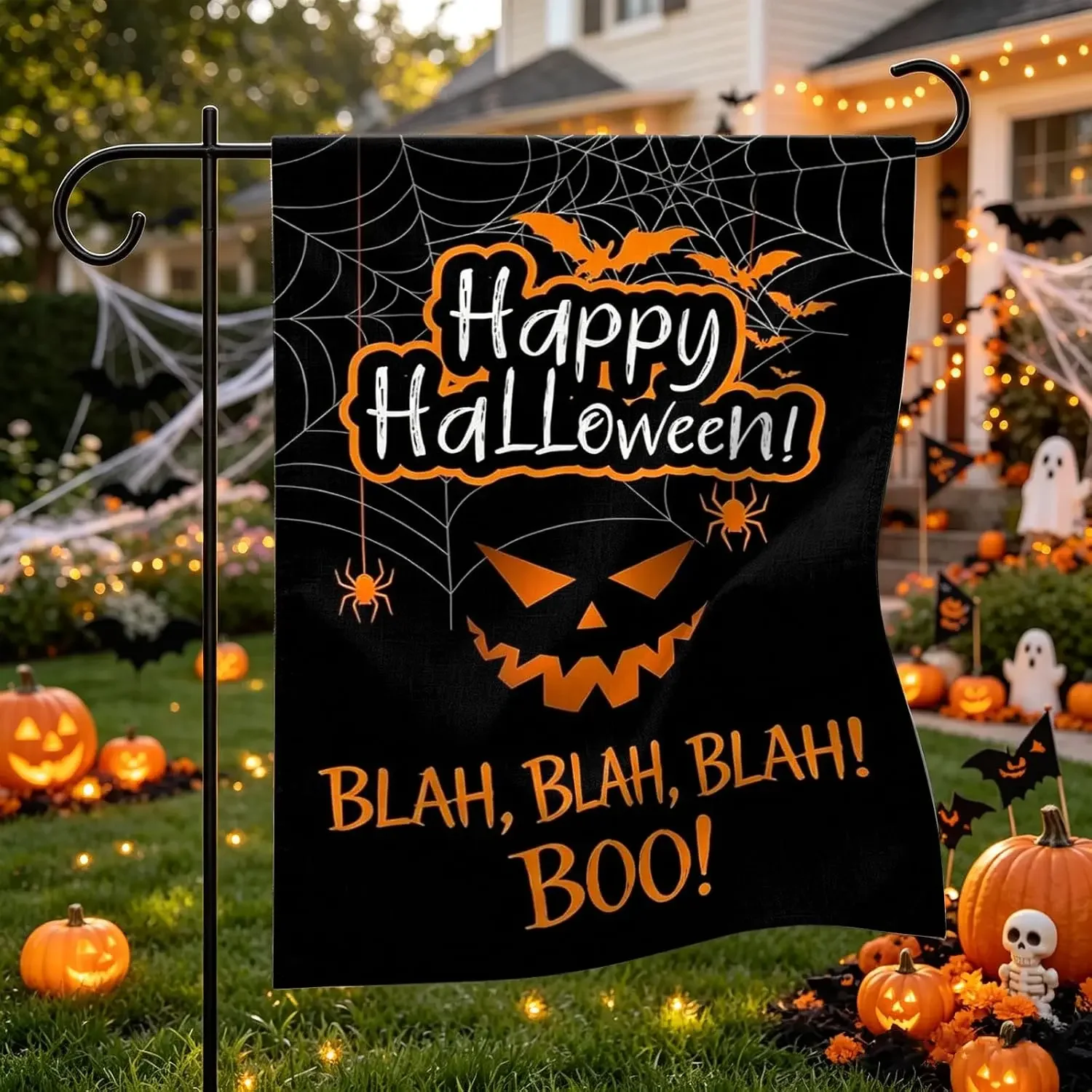 Happy Halloween Garden Flag 12×18 Inch Pumpkin Spider Web Boo Yard Flag | Waterproof & Fade‑Resistant Decor Flag with Bat Spider Design, for Yard Lawn Porch Patio Halloween Holiday Party Decor