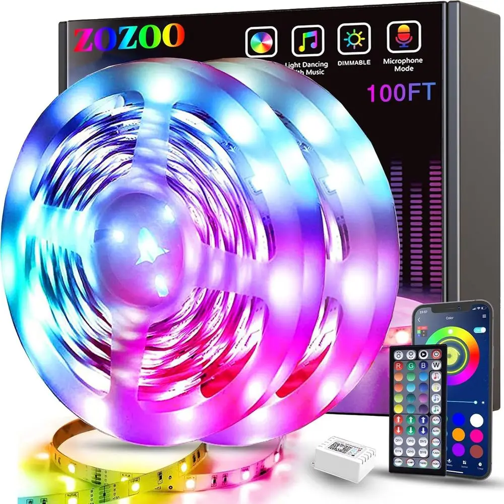 RGB LED Strip Lights for Bedroom - 100ft Roll, 44-Key Remote & App Control, Music Sync, Ideal for Home Decor & Parties