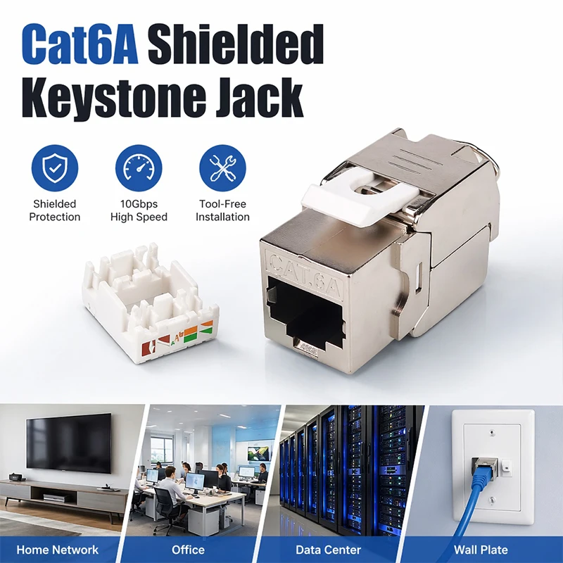 10 Pieces CAT.6A Shielded Tool-less RJ45 Keystone Jack with Up-Down Crimp and 10Gbps Network Data Connector for Shielded Cable