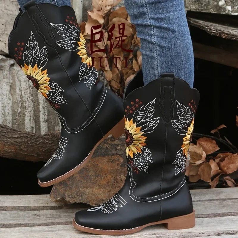 New Women Coffee Brown Embroidery Boots PU Leather Printed Western Cowboy Boots Deep V-mouth High Tube Casual Boots size 35-43