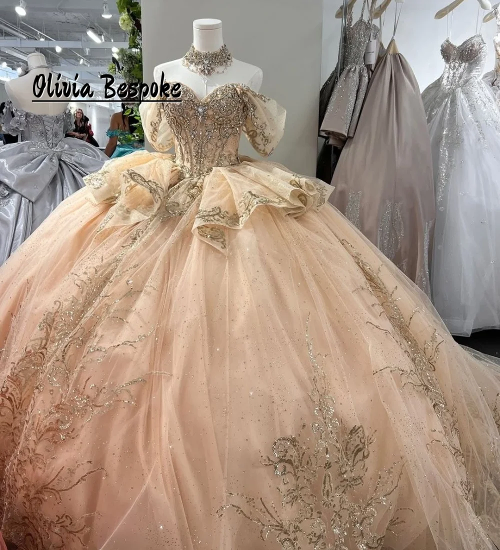 

Attractive Ruffles Champagne 15 Quinceanera Dresses 2026 Beaded Applique Ball Gown Mexican Wedding Birthday Party Customized