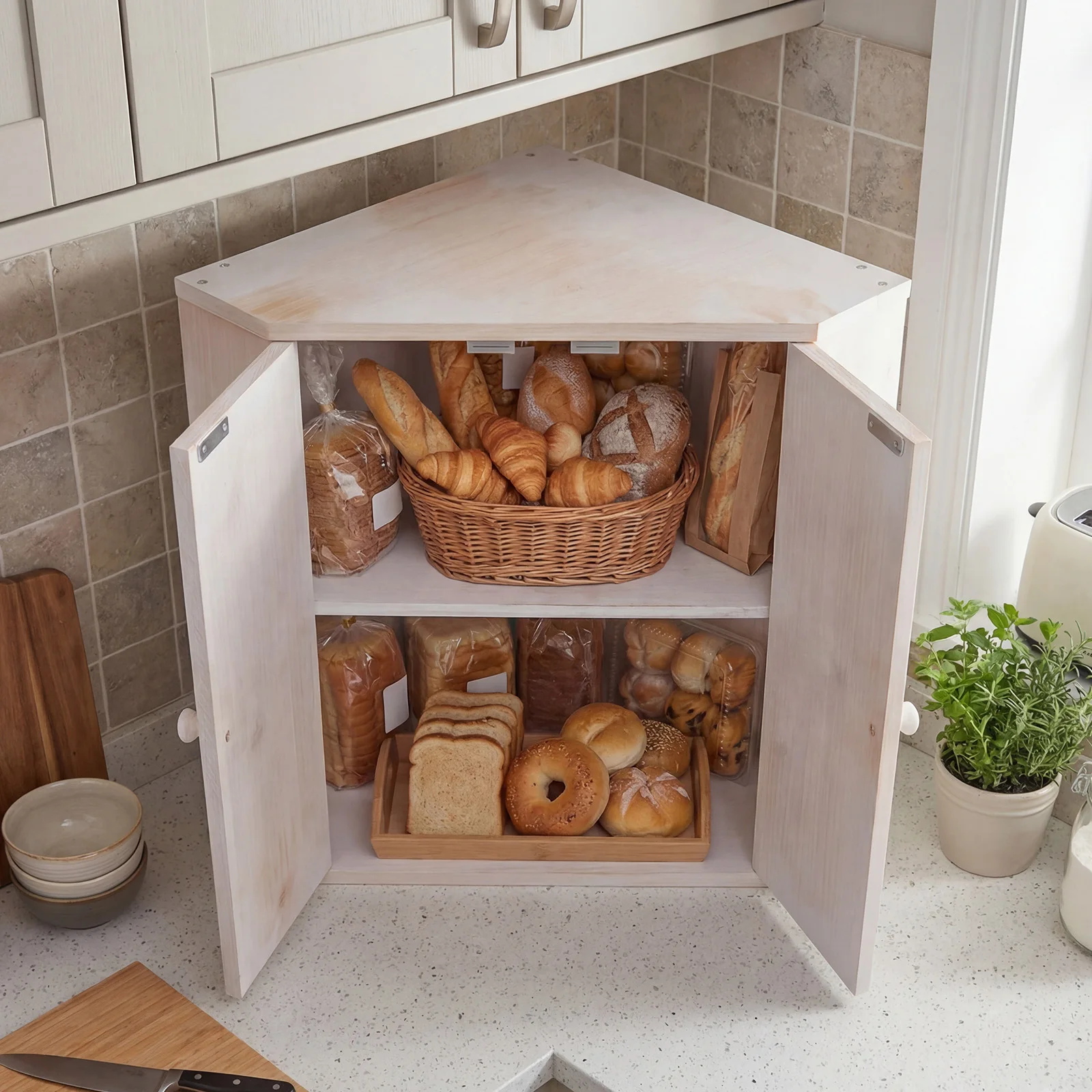 100% Bambus Eck-Brotkasten mit Zweilagigem Verstellbarem Regal und Magnetverschluss, Landhaus-Stil Holz-Brotbehälter für Brot, Obst und Snacks