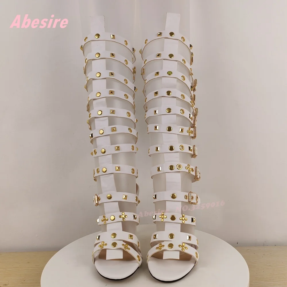 الأبيض برشام قطع صنادل طراز جلاديتور المفتوحة تو الخنجر الكعوب متعددة التوى Slingback المدرج الأحذية المرقعة أحذية الصيف مثير