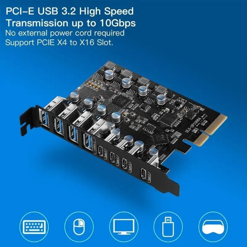 

652F 8-Port PCIe to USB3.2 Card Expansion 20Gbps 8 Ports USB3.1 Type-C x 4 & USB3.1 TypeA PCIE Splitter Adapter Card