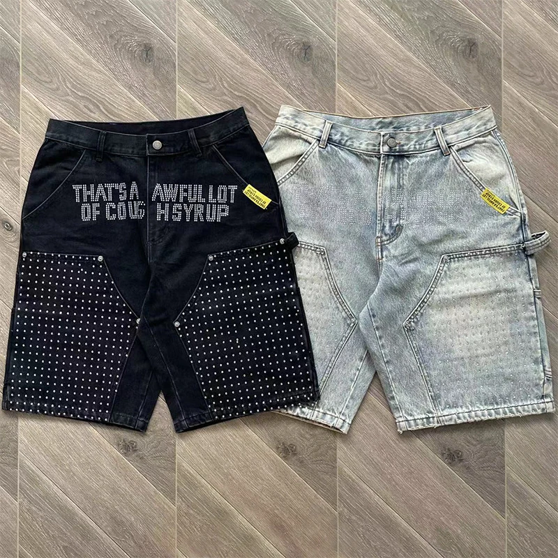 

That's A Awful Lot of Cough Syrup Casual Washed Rhinestones Denim Shorts Men's Hot Drill American Trend Brand Jeans