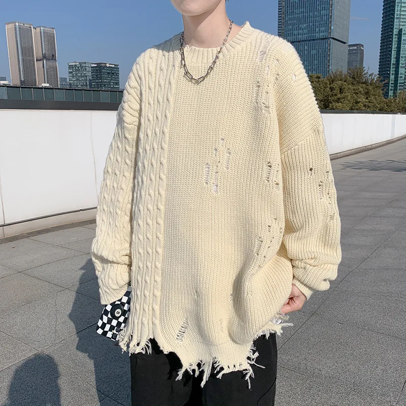 

Men's Black White Solid Color Loose Simple Basic Casual Trendy O-neck Long Sleeve Hole Patched Knitted Sweater Pullovers Male