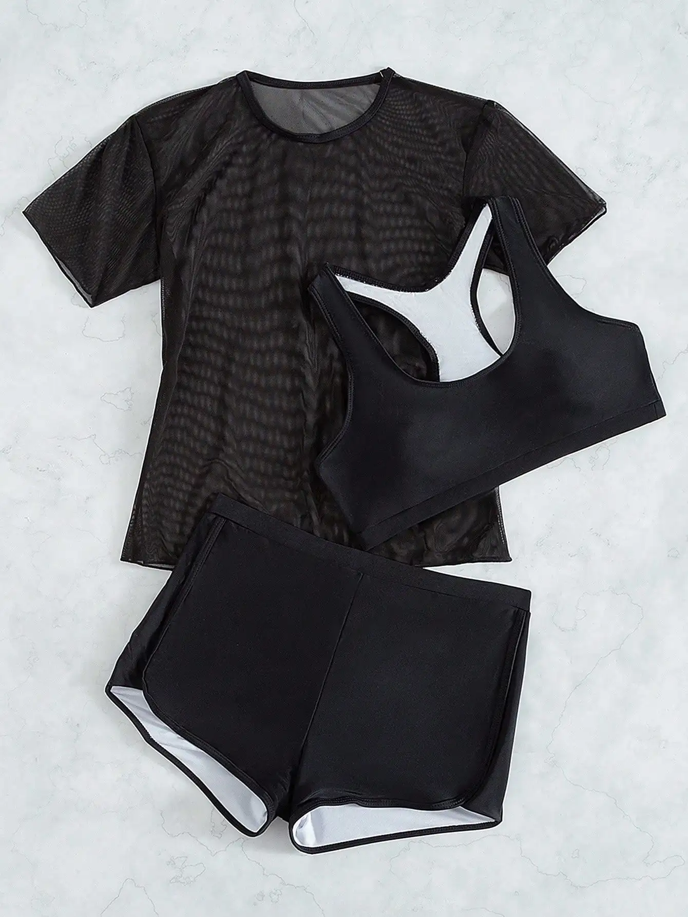 

Black 3 Piece Swim Set With Shorts Bikini Top And Mesh Cover Up