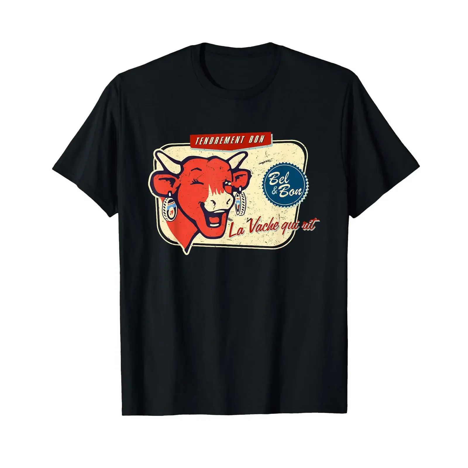 The Laughing Cow La Vache Qui Rit Retro Distressed T Shirt black vintage Washed Stylish Slightly Top For Everyday Wear Soft