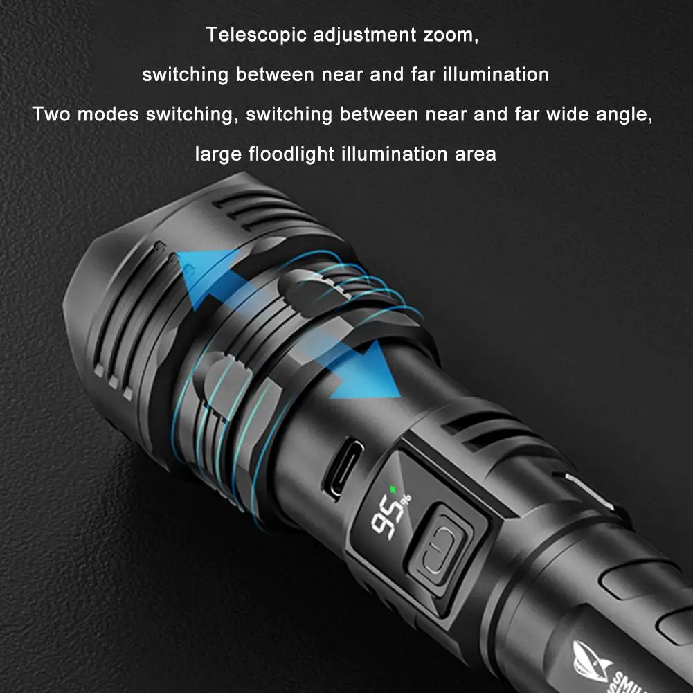 Smiling Shark White Laser Variable Focus Far Flash Torch with Display Four Level Adjustment USB Charging Camping Fishing