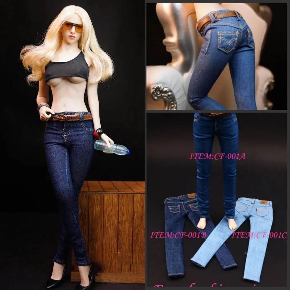 CF001 A/B/C 1/6 Scale Women's Skinny Blue Jeans Pants with Leather Belt for 12'' PHicen Doll Jiaoudol Action Figure Accessories